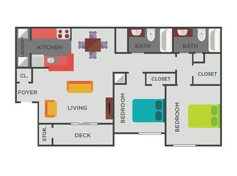 Floor plan for 2 beds, 2 baths, 943 sqft